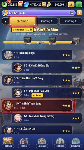 Danh sách ải chương 1: tab chương và ải boss