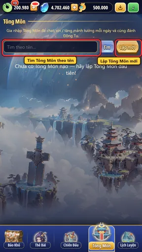 Chưa có Tông Môn: tìm theo tên hoặc lập mới