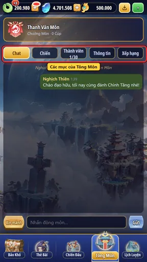 Các mục của Tông Môn: Chat, Chiến, Thành viên, Thông tin, Xếp hạng