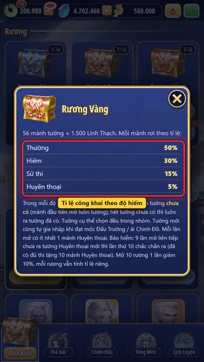 Bảng tỉ lệ công khai của Rương Vàng