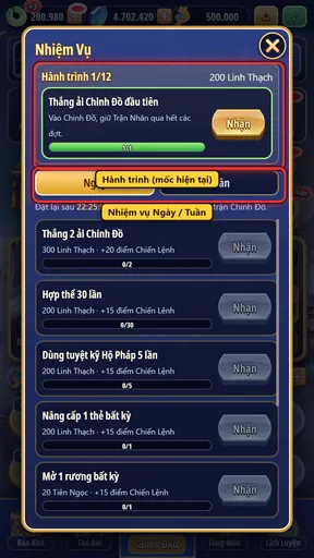 Hộp Nhiệm Vụ: Hành trình ở đầu bảng, tab Ngày và Tuần