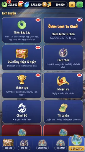 Tab Lịch Luyện: nơi mở Chiến Lệnh, quà đăng nhập, thành tựu, nhiệm vụ và sự kiện