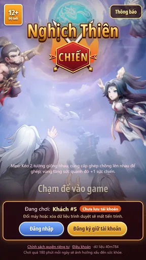 Màn chờ: chạm để vào game, nút đăng ký giữ tài khoản