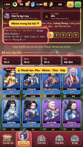 Thanh lọc Phe · Nhóm · Tầm · Xếp và dòng Nhóm trong bộ bài
