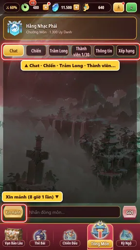 Chat và xin mảnh trong Tông Môn